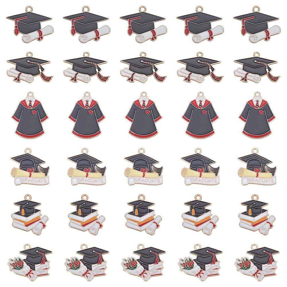 1648 48Pcs 6 Styles Graduation Hat Charms Academy Graduation Enamel Cap